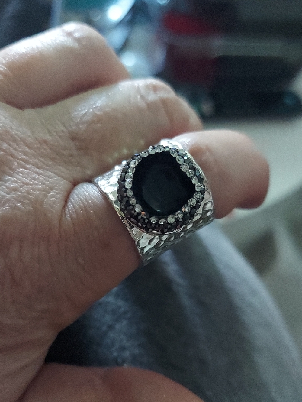 Adjustable Silver-Tone Black Stone Statement Ring
